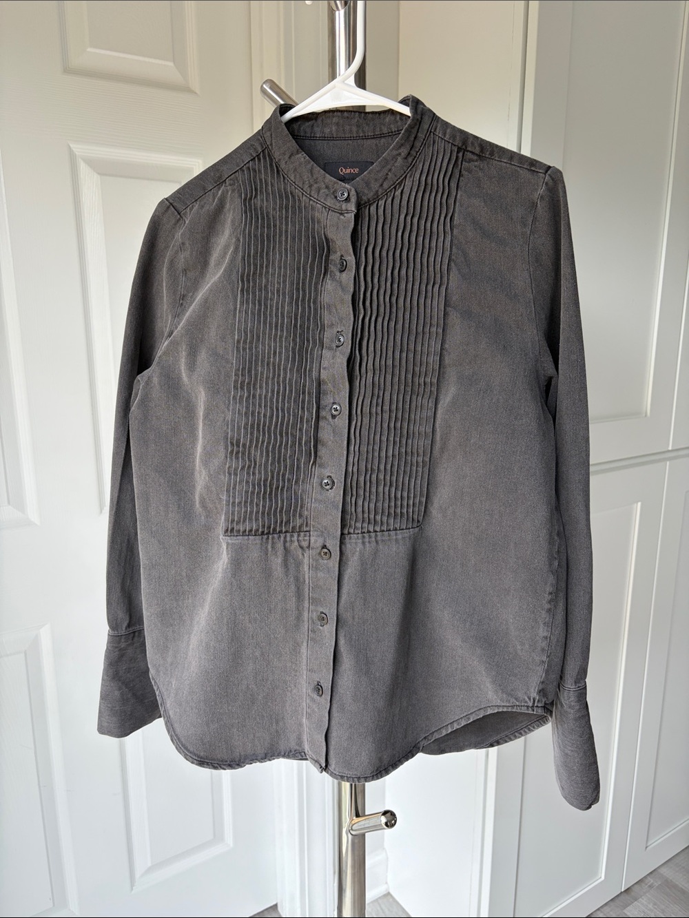 Quince Women's Distressed Denim Tuxedo Shirt in Washed Black, Size M.